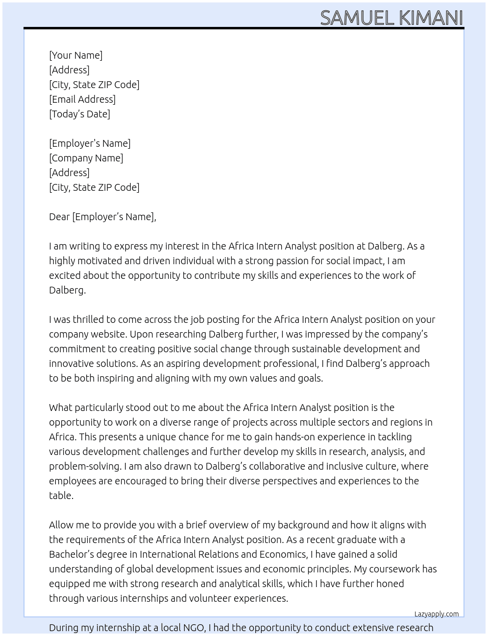 Africa Intern Analyst -  At Dalberg Cover Letter