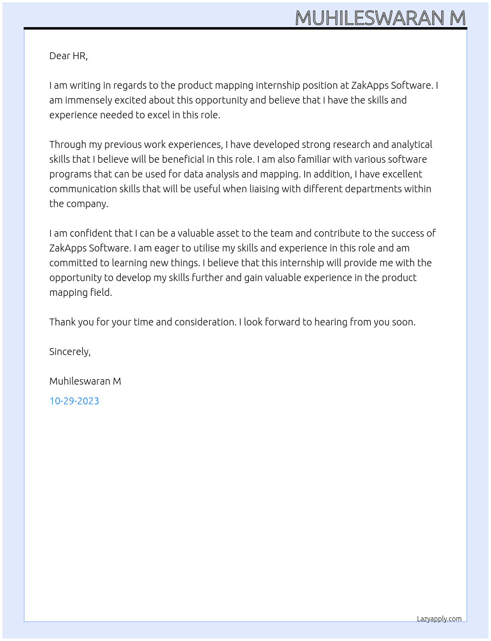 product mapping internship At ZakApps Software Cover Letter