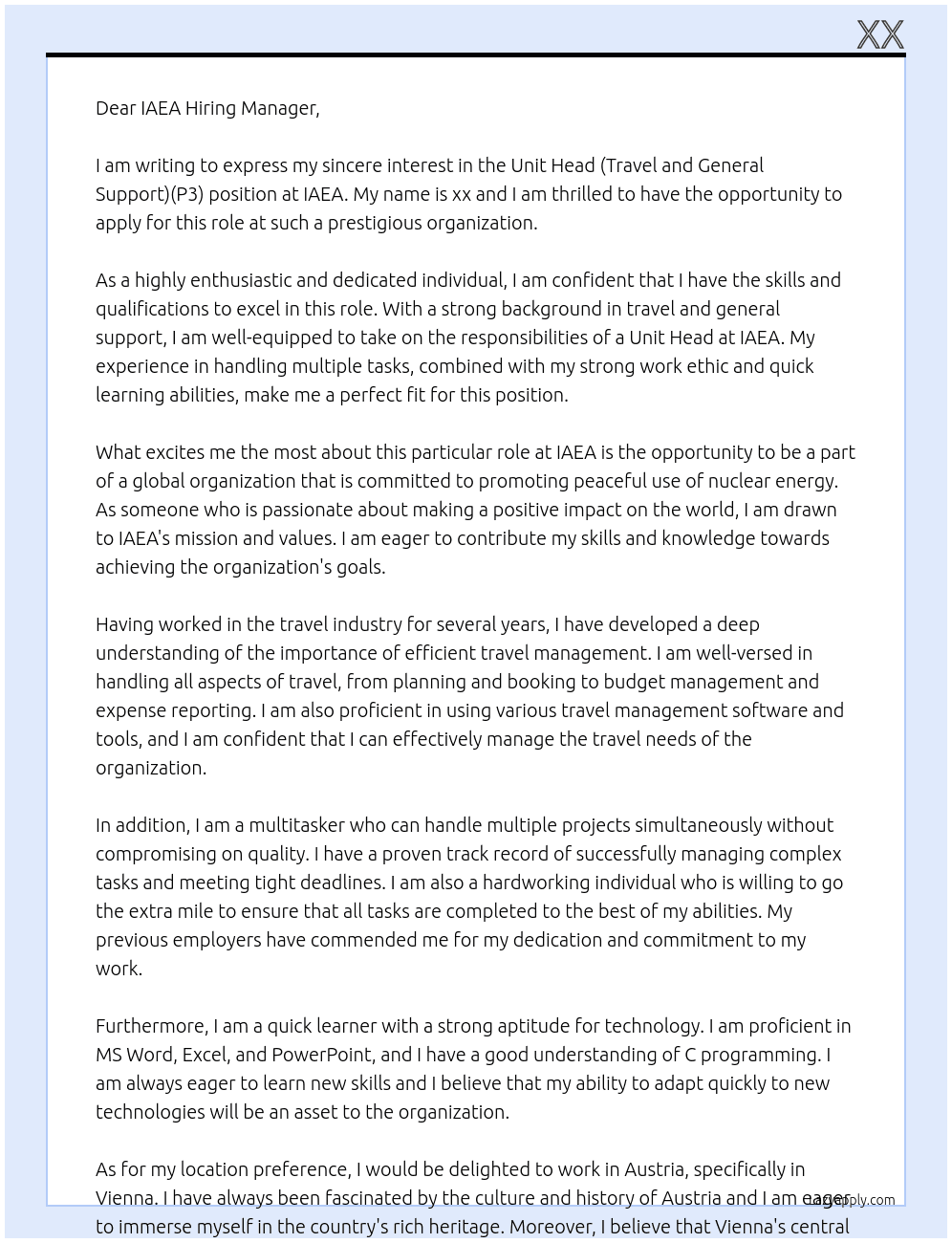 Unit Head (Travel and General Support)(P3) At IAEA Cover Letter