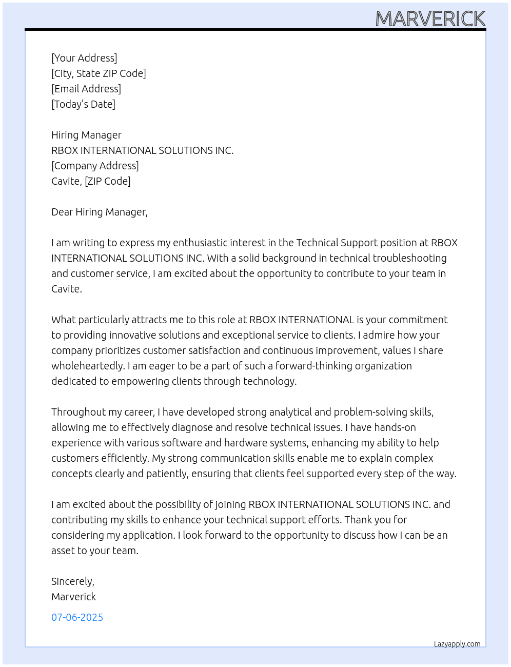 Technical support At RBOX INTERNATIONAL SOLUTIONS INC. Cover Letter