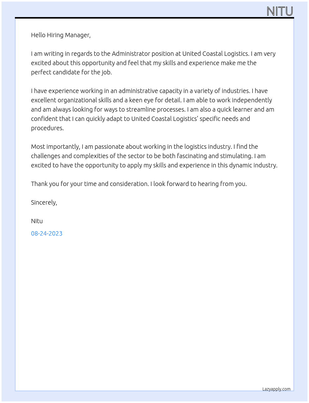 Administrator At United Coastal Logistics Cover Letter