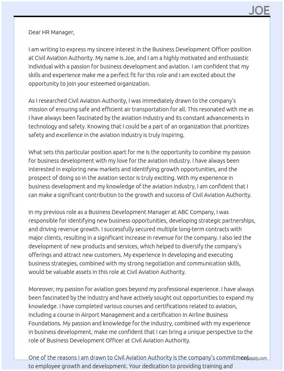 business development officer At civil aviation authority Cover Letter