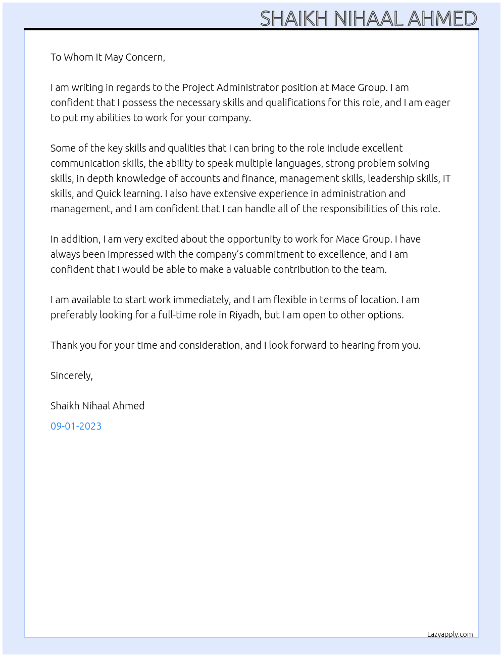 Project Administrator At Mace Group Cover Letter