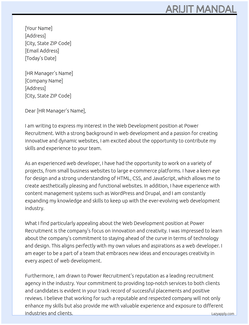 Web Development  At Power Recruitment Cover Letter