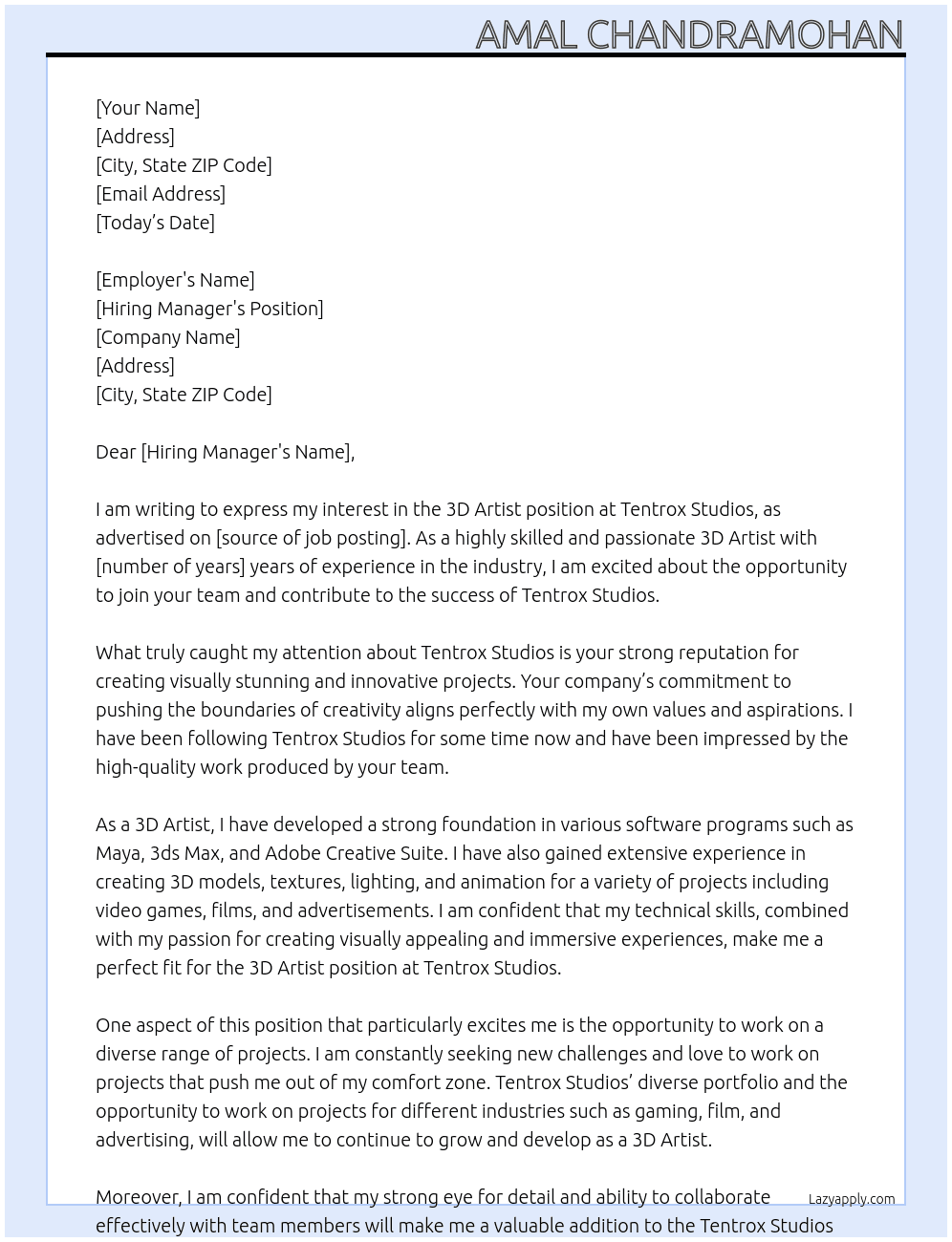 3D Artist  At Tentrox Studios Cover Letter