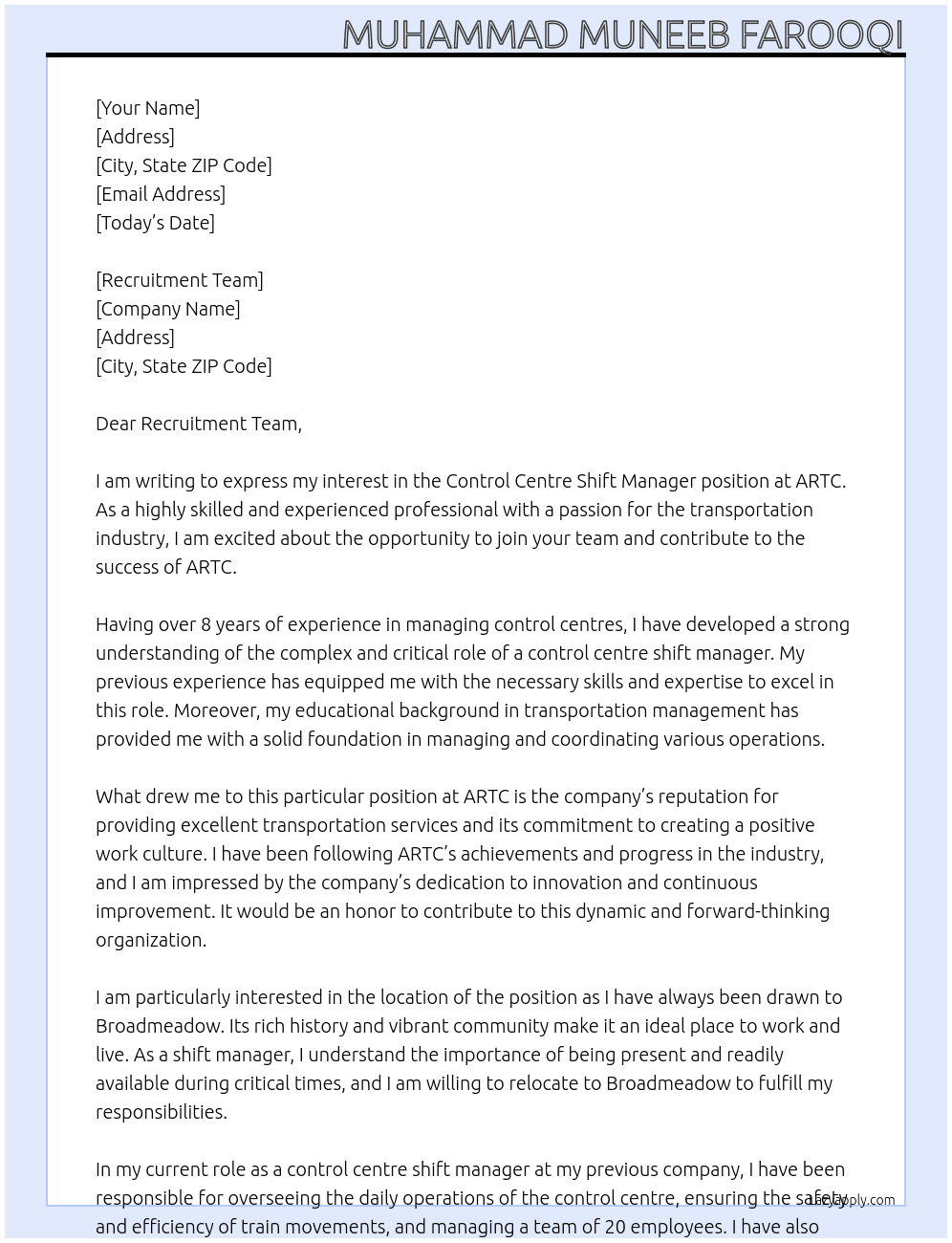 Control centre shift manager  At ARTC Cover Letter
