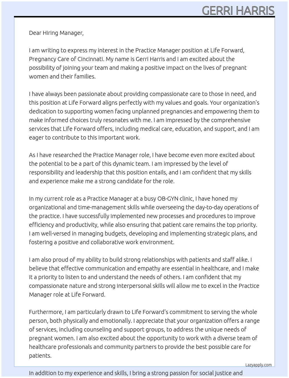 Practice Manager At Life Forward, Pregnancy Care of Cincinnati Cover Letter