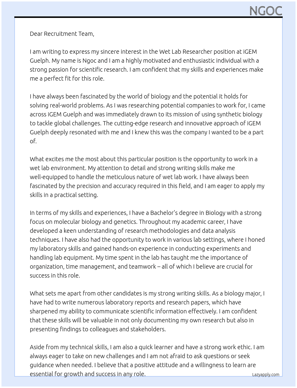 wet lab researcher At igem guelph Cover Letter