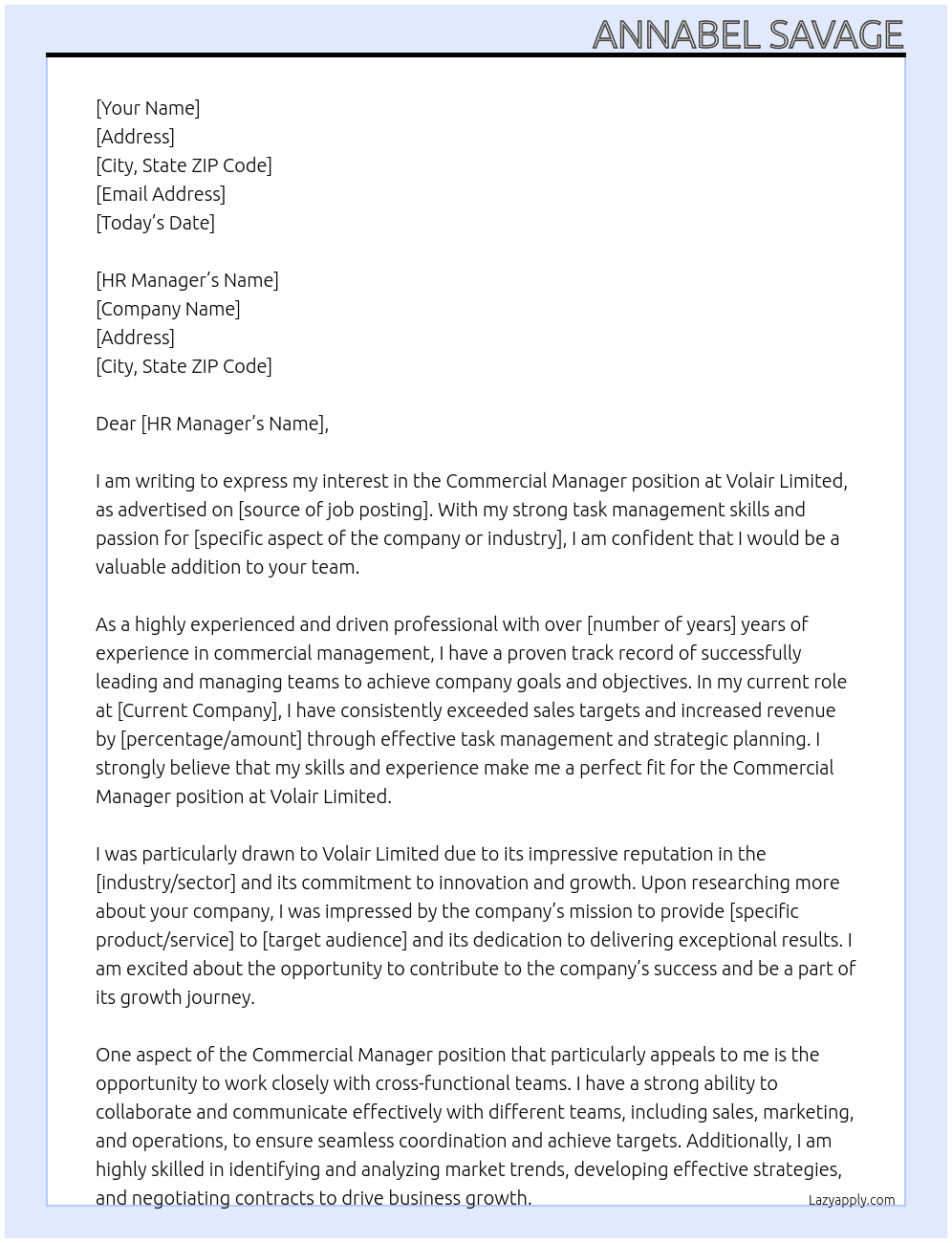commercial manager At Volair Limited Cover Letter