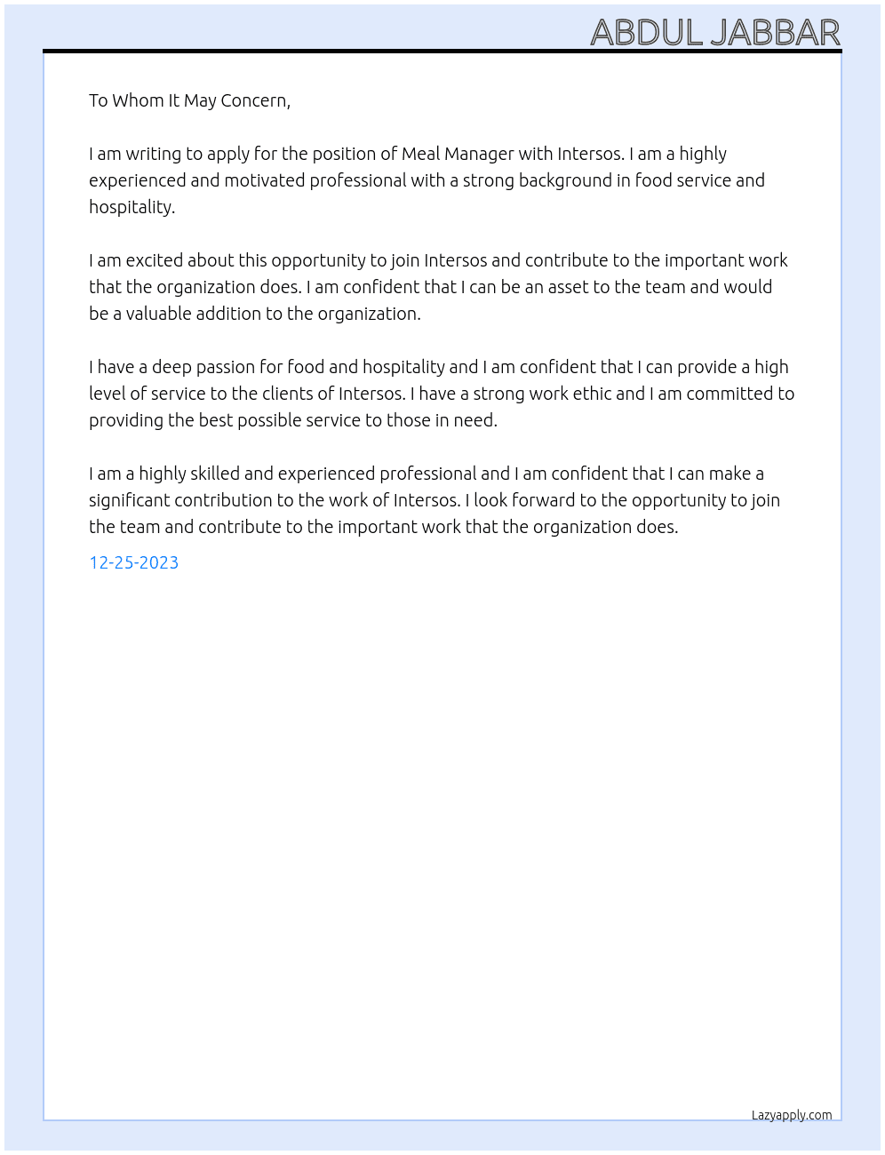 Meal manager At Intersos Cover Letter