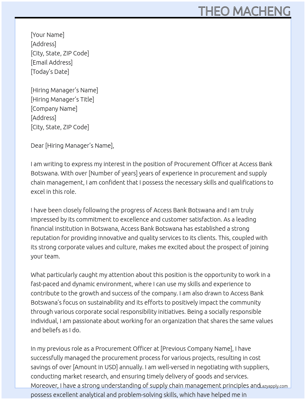 procurement officer At Access Bank Botswana Cover Letter