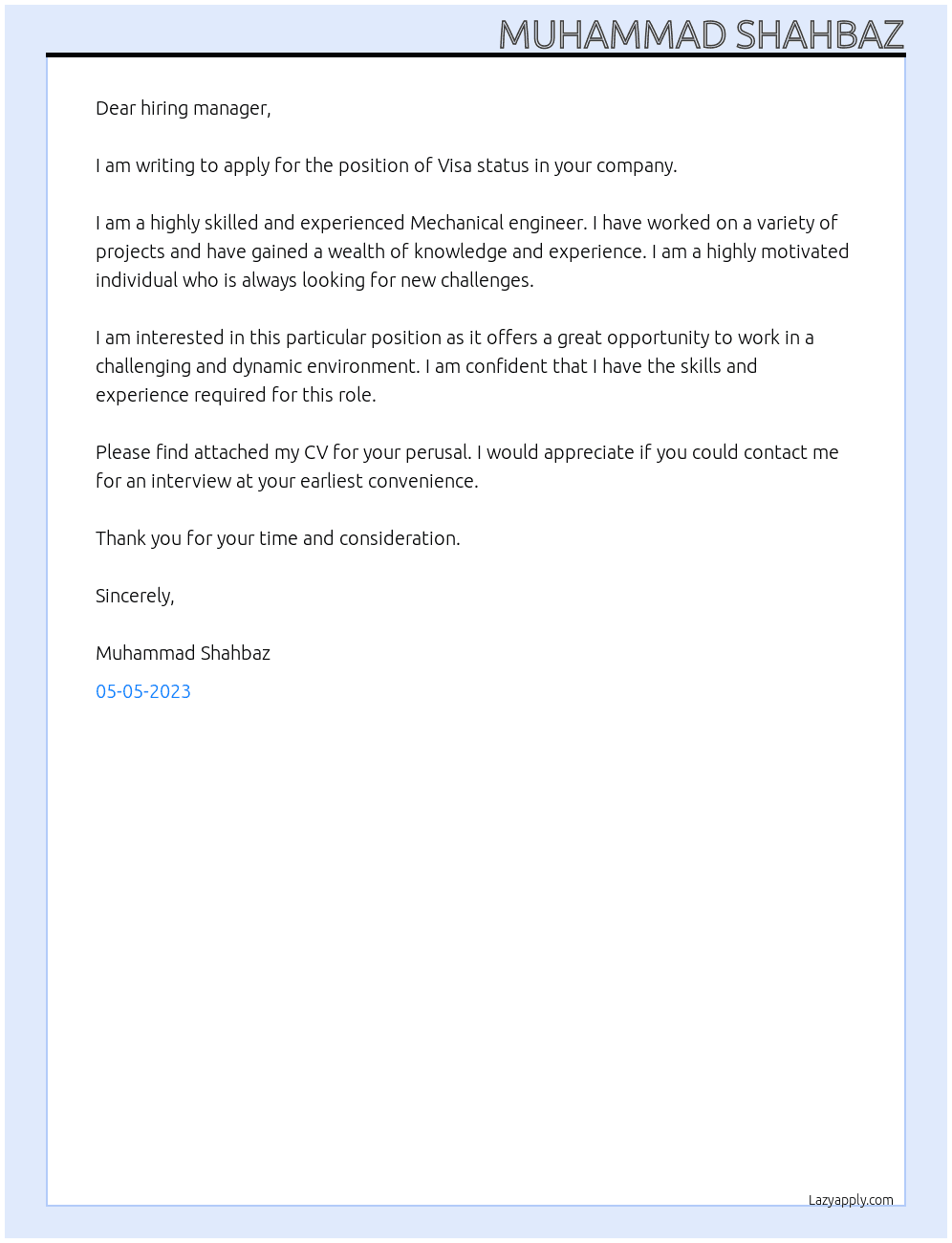 Visa status  At Muhammad Shahbaz Cover Letter