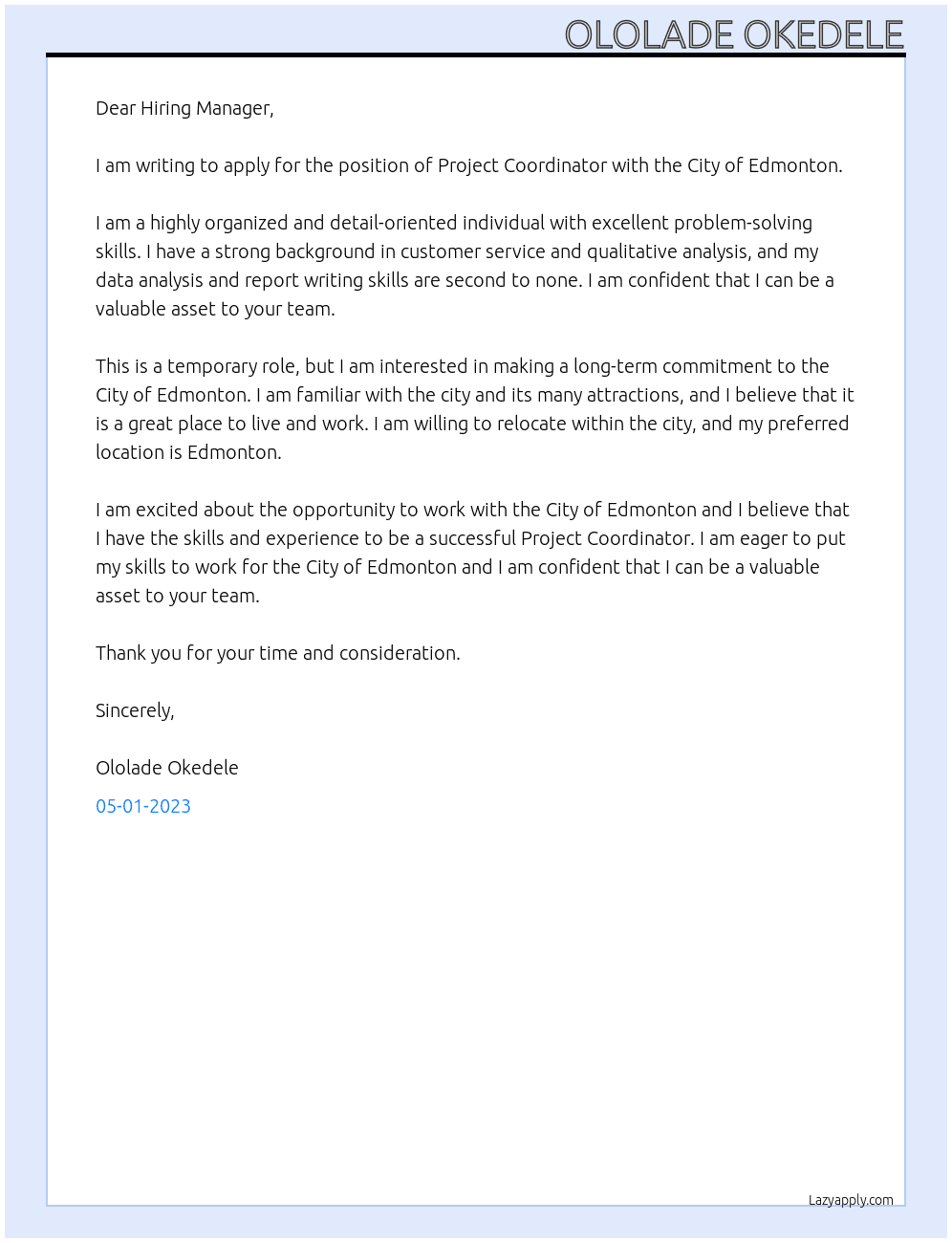 Project Coordinator At City of Edmonton Cover Letter