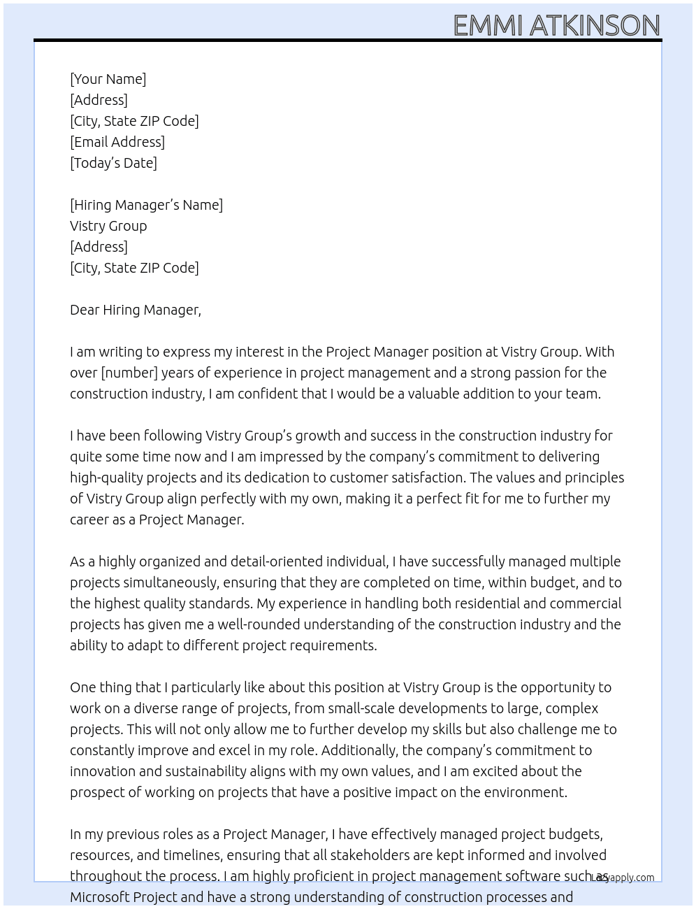 Project Manager At Vistry Group Cover Letter