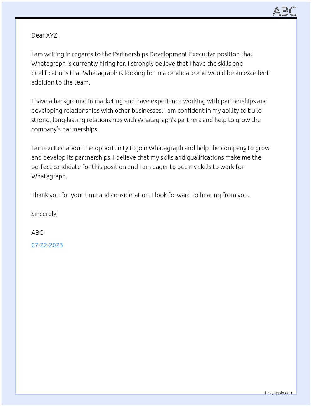 PARTNERSHIPS DEVELOPMENT EXECUTIVE At Whatagraph Cover Letter