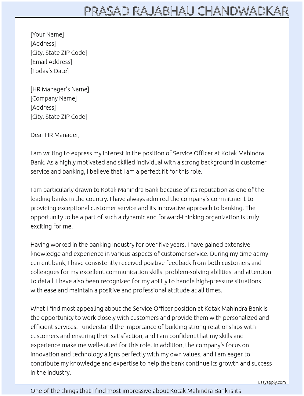 Service Officer At kotak Mahindra Bank Cover Letter