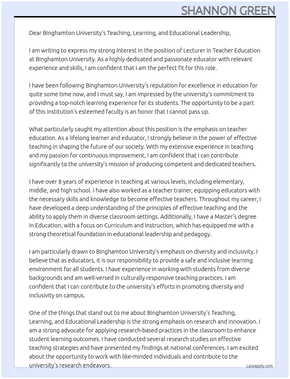 Lecturer in Teacher Education At Binghamton University Cover Letter