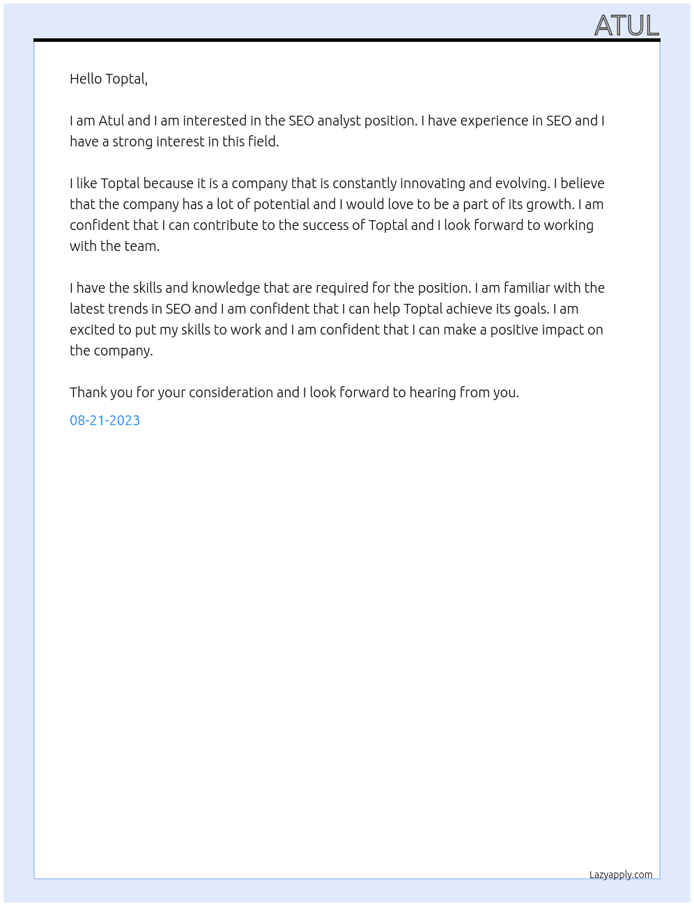 SEO analyst At Toptal Cover Letter