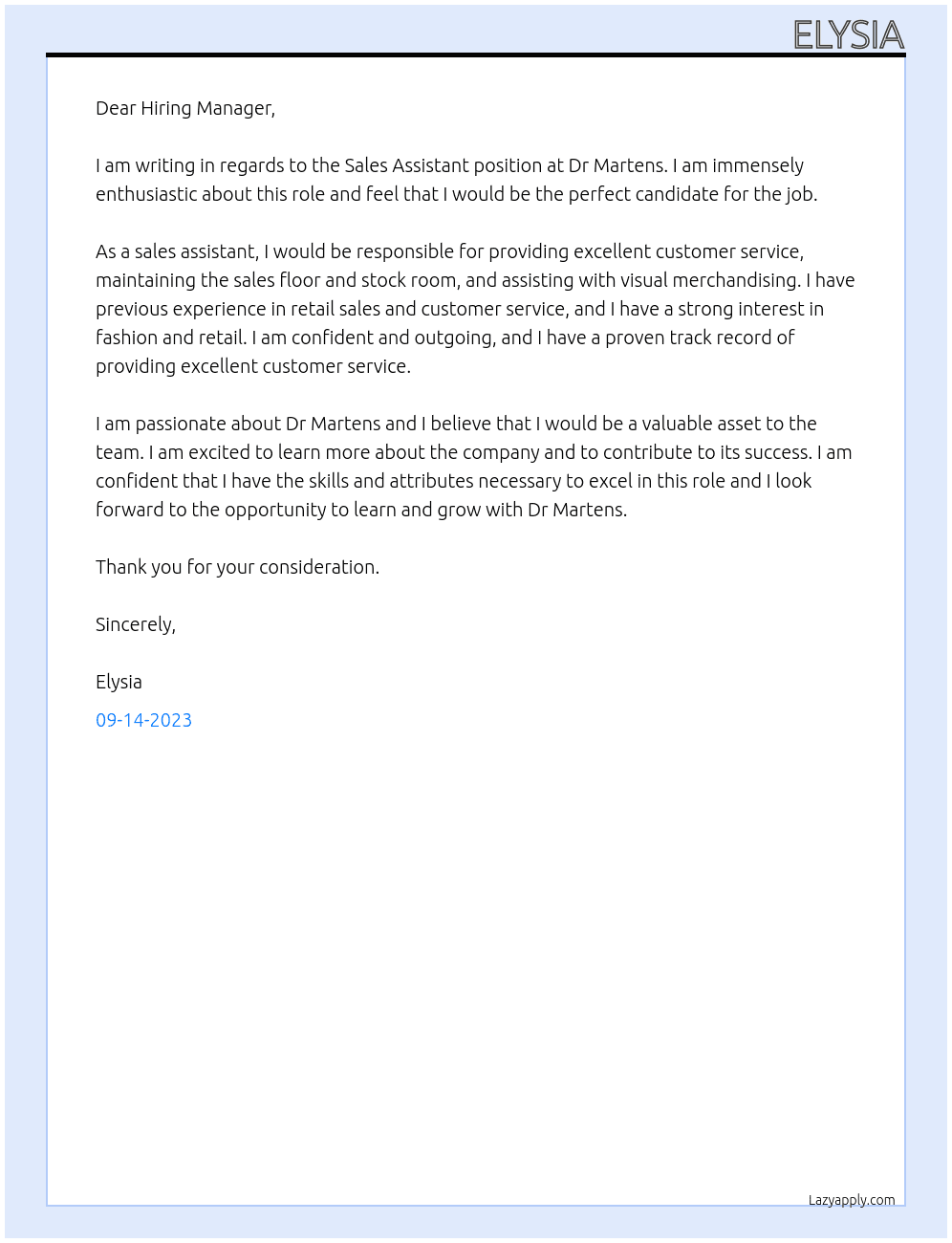 Sales Assistant At Dr Martens Cover Letter
