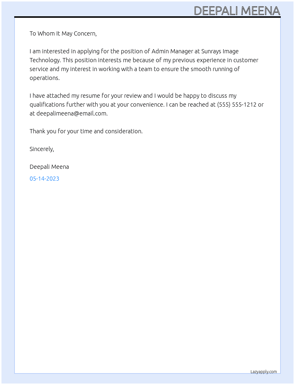Admin Manager  At Sunrays Image Technology  Cover Letter