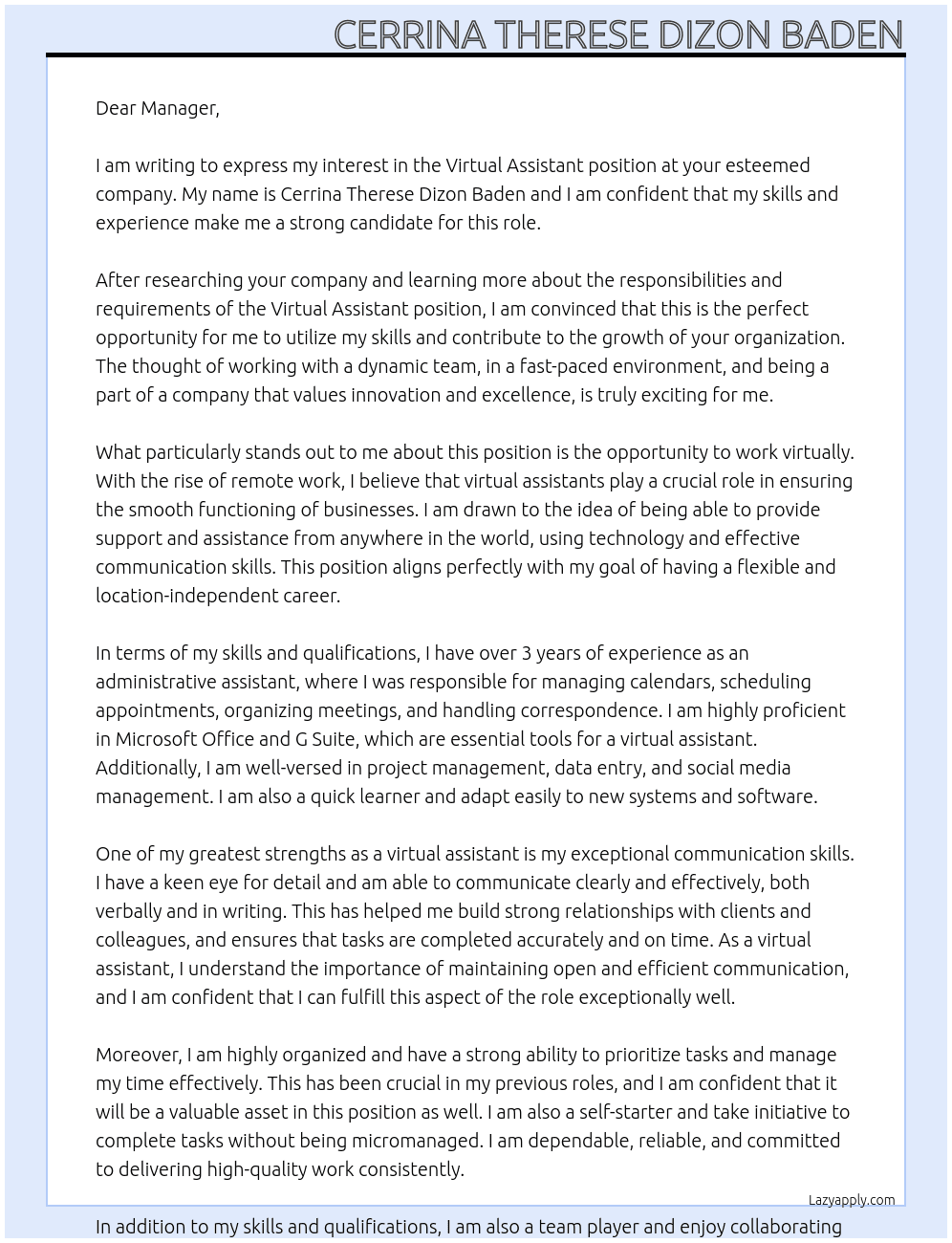 Virtual assistant At Manager Cover Letter