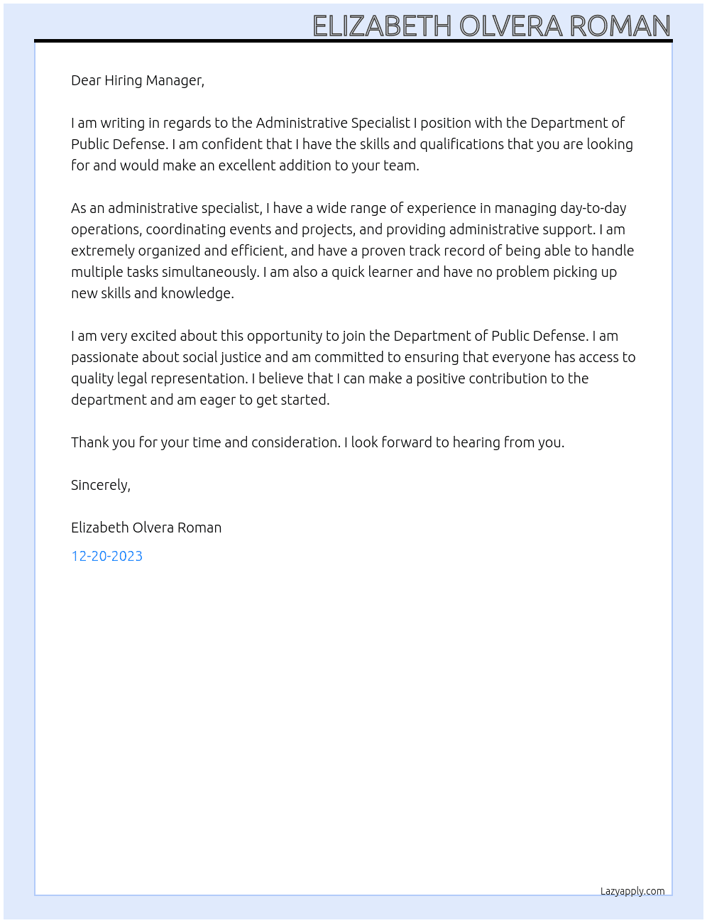 Administrative Specialist I At Department of Public Defense Cover Letter
