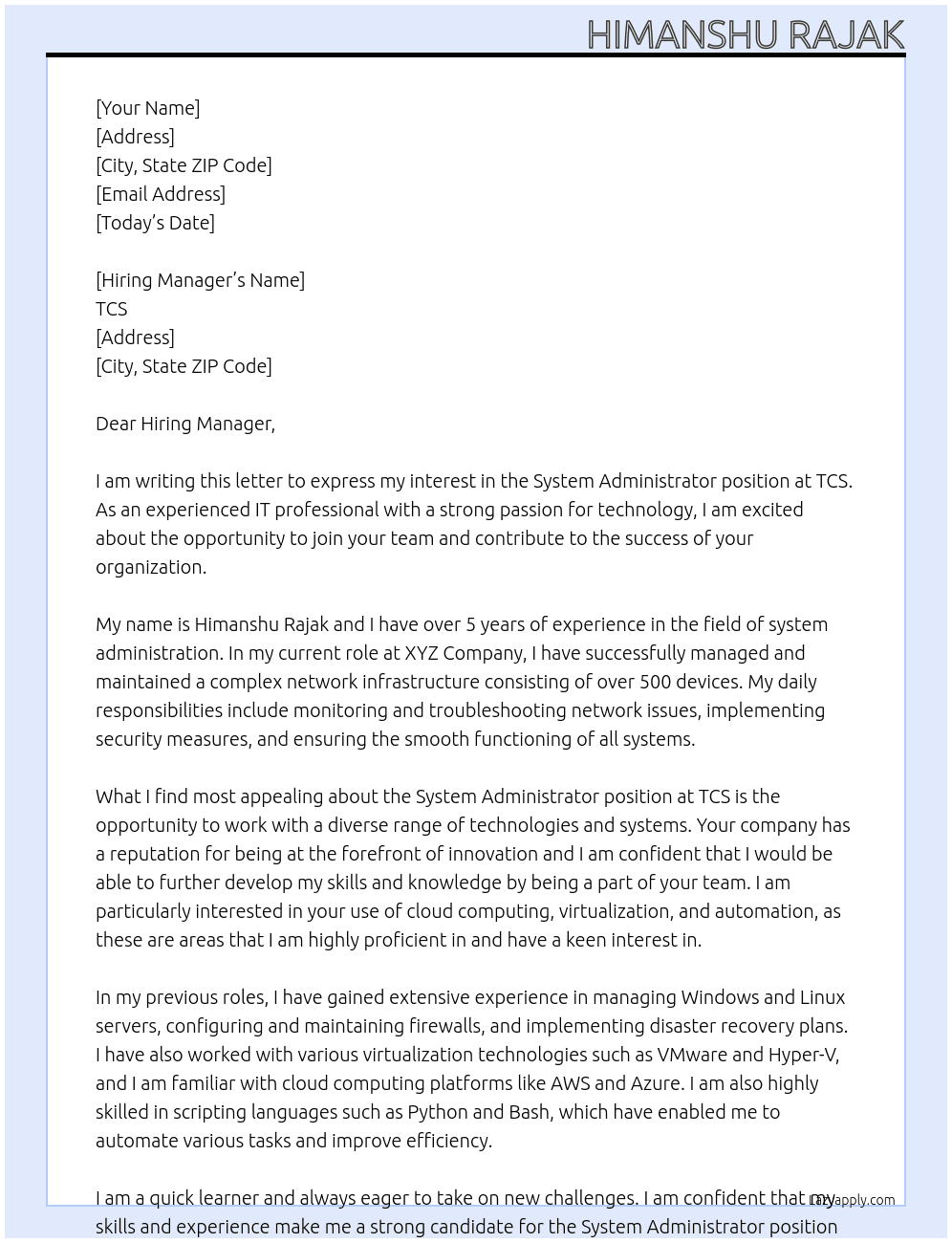 System Administrator At TCS Cover Letter