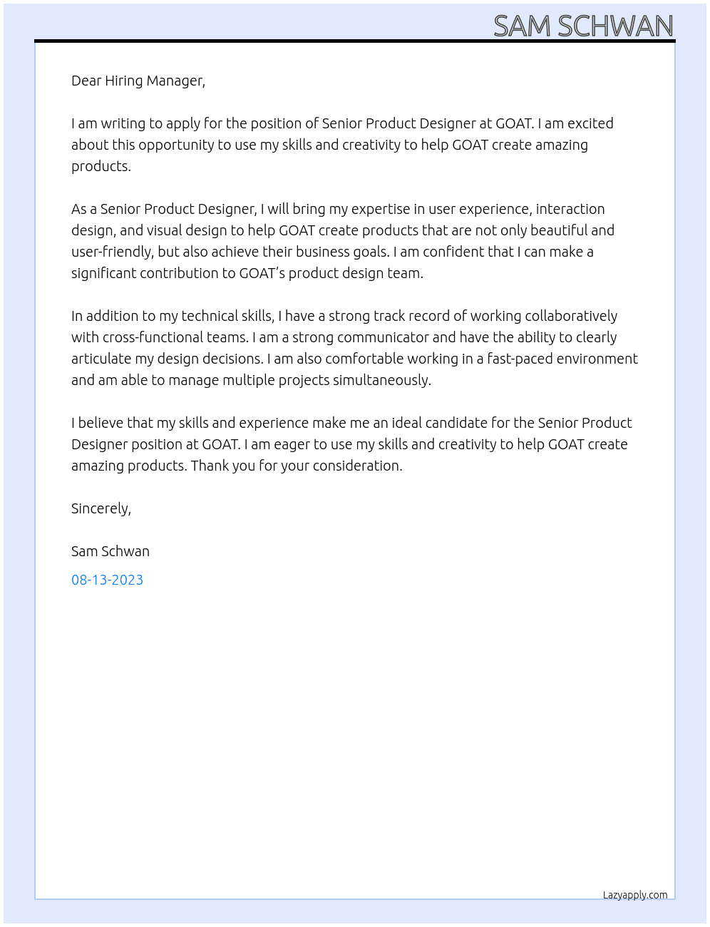 Senior Product Designer At GOAT Cover Letter