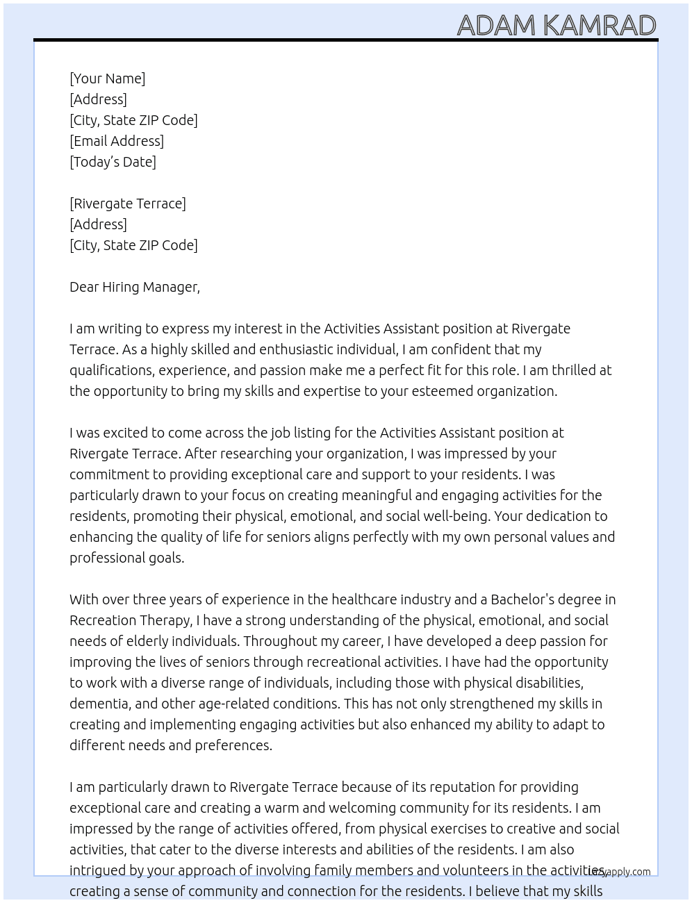 Activities Assistant At Rivergate Terrace Cover Letter