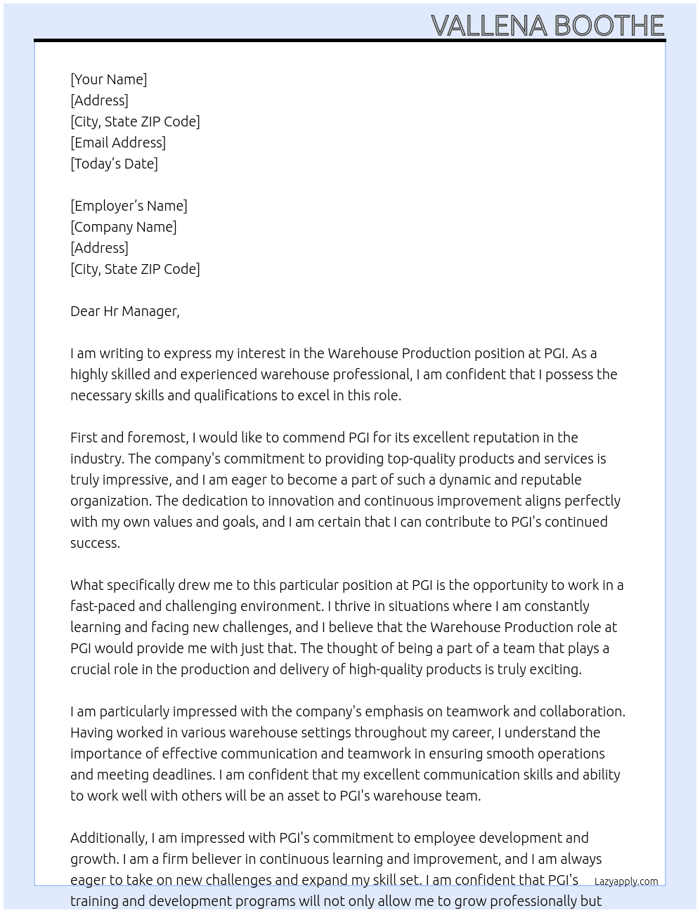 Warehouse Production  At PGI Cover Letter