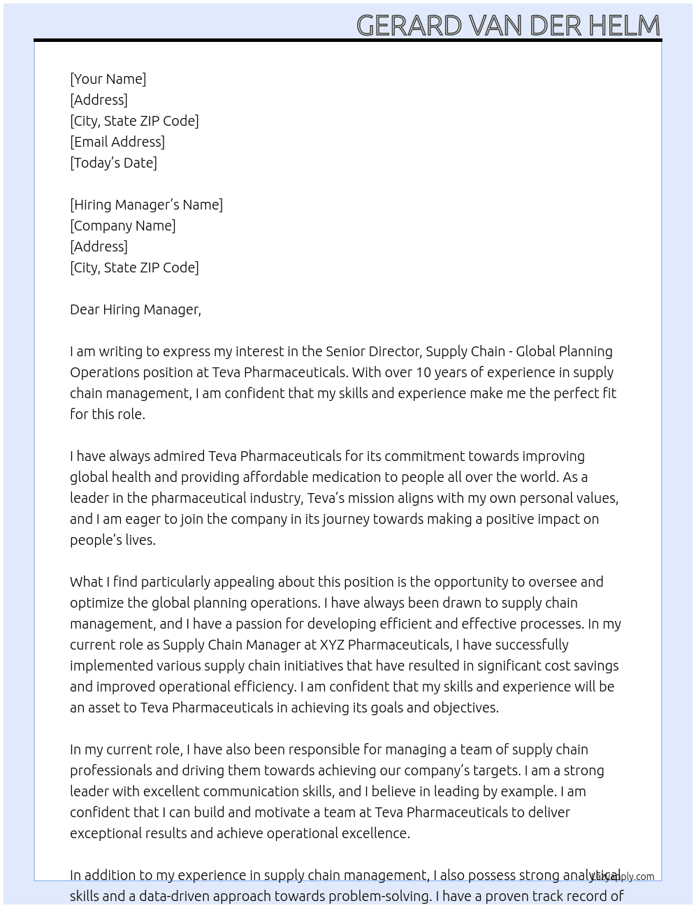 Senior Director, Supply Chain - Global Planning Operations At Teva Pharmaceuticals Cover Letter