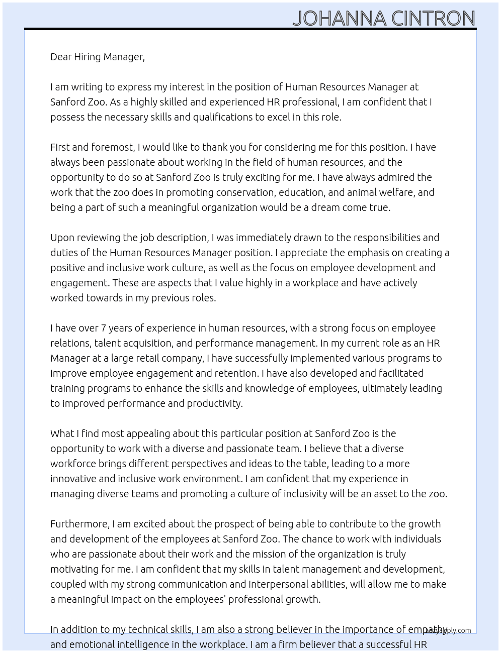Human Resources Manager  At Sanford Zoo Cover Letter