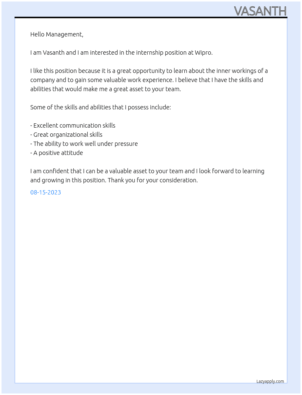 Intership At Wipro Cover Letter