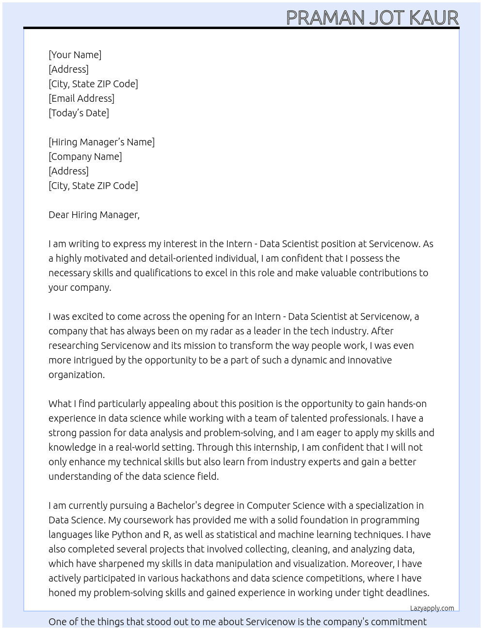 Intern - Data Scientist At Servicenow Cover Letter