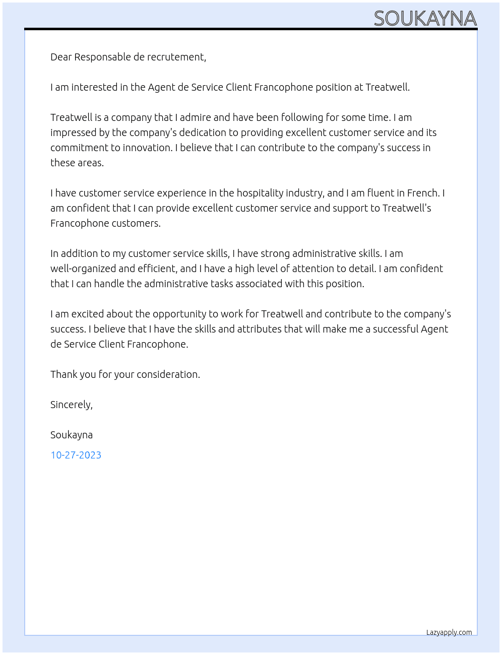 Agent de Service Client Francophone At Treatwell Cover Letter