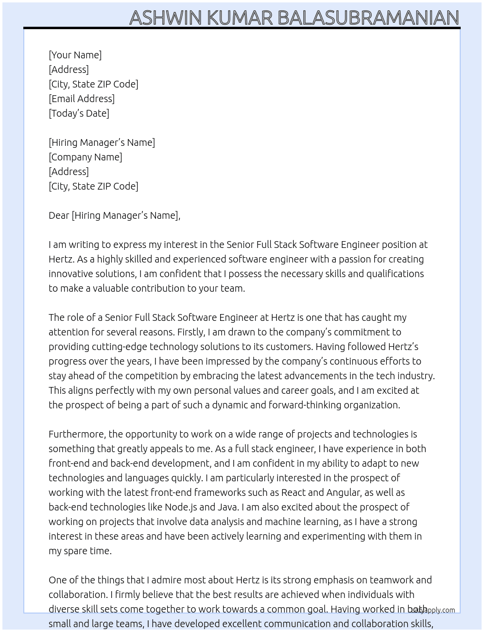 Senior full stack software engineer At hertz Cover Letter