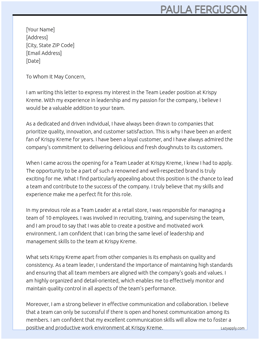 Team leader  At Krispy kreme Cover Letter