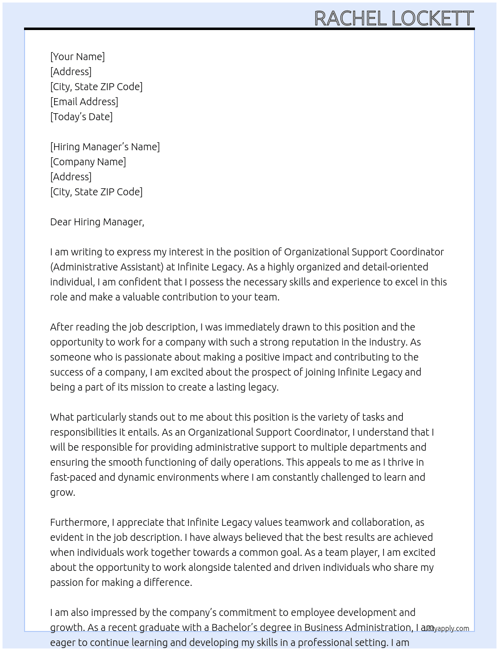 Organizational Support Coordinator (Administrative Assistant)  At Infinite Legacy Cover Letter