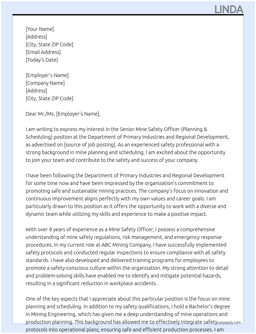 Senior Mine Safety Officer (Planning & Scheduling) At Department of Primary Industries and Regional Development Cover Letter