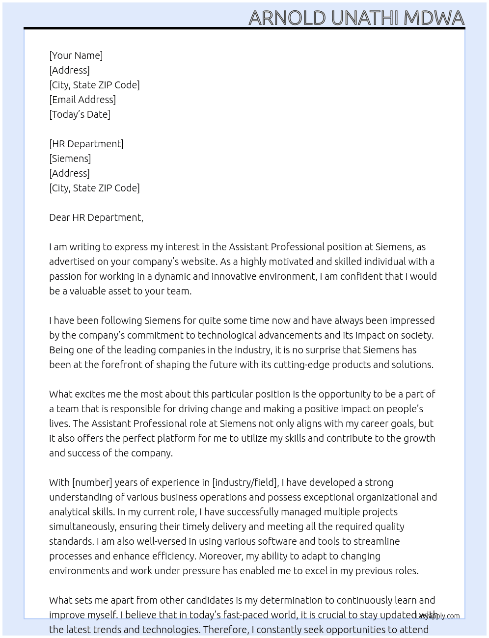 Cover letter for assistant professional - LazyApply