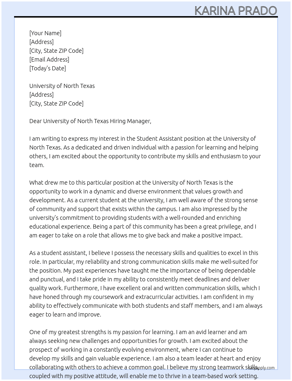 Student Assistant At University of North Texas Cover Letter