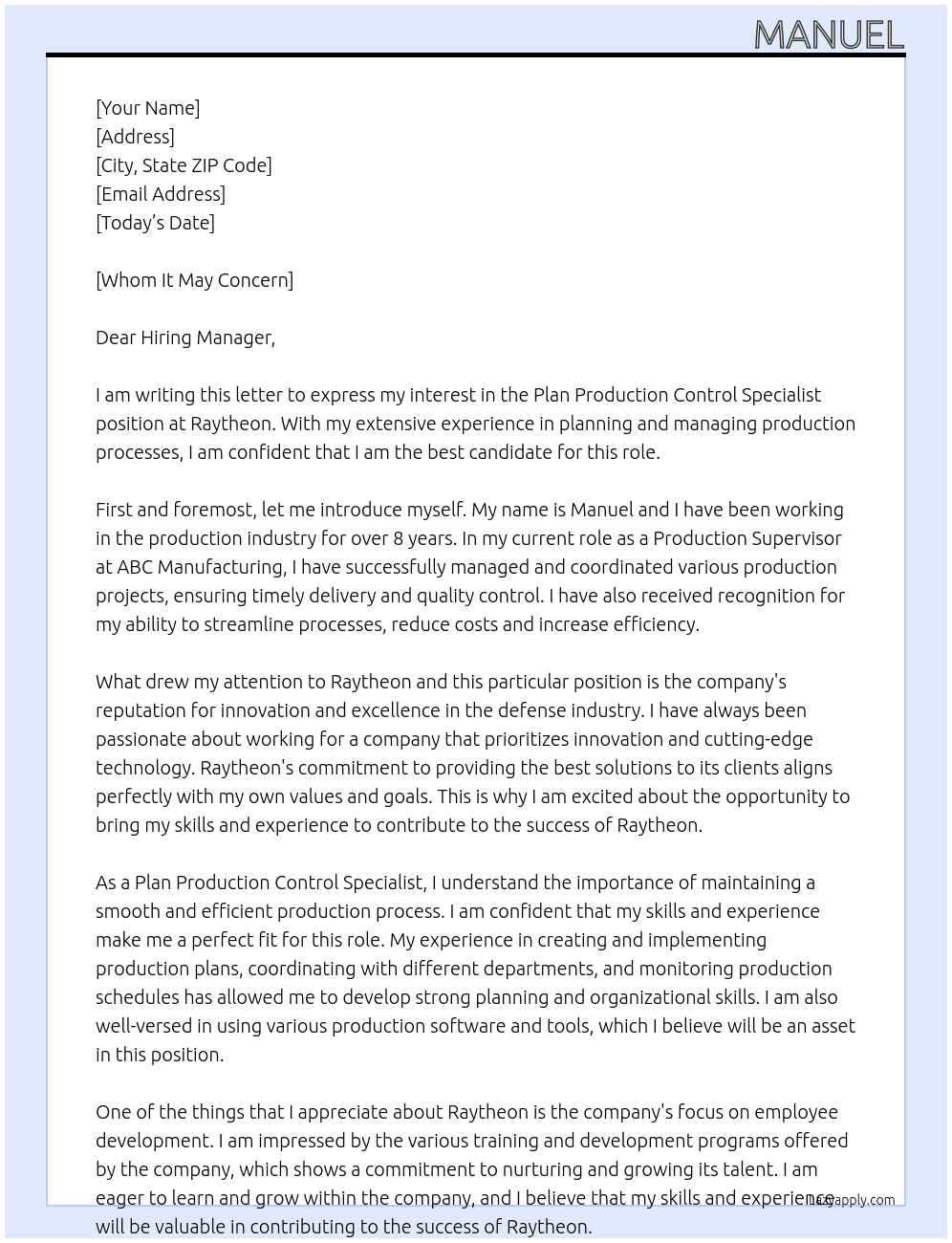 Plan Production Control Specialist At Raytheon Cover Letter