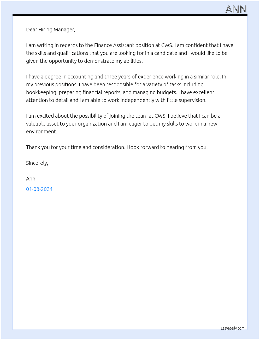 Finance Assistant At CWS Cover Letter