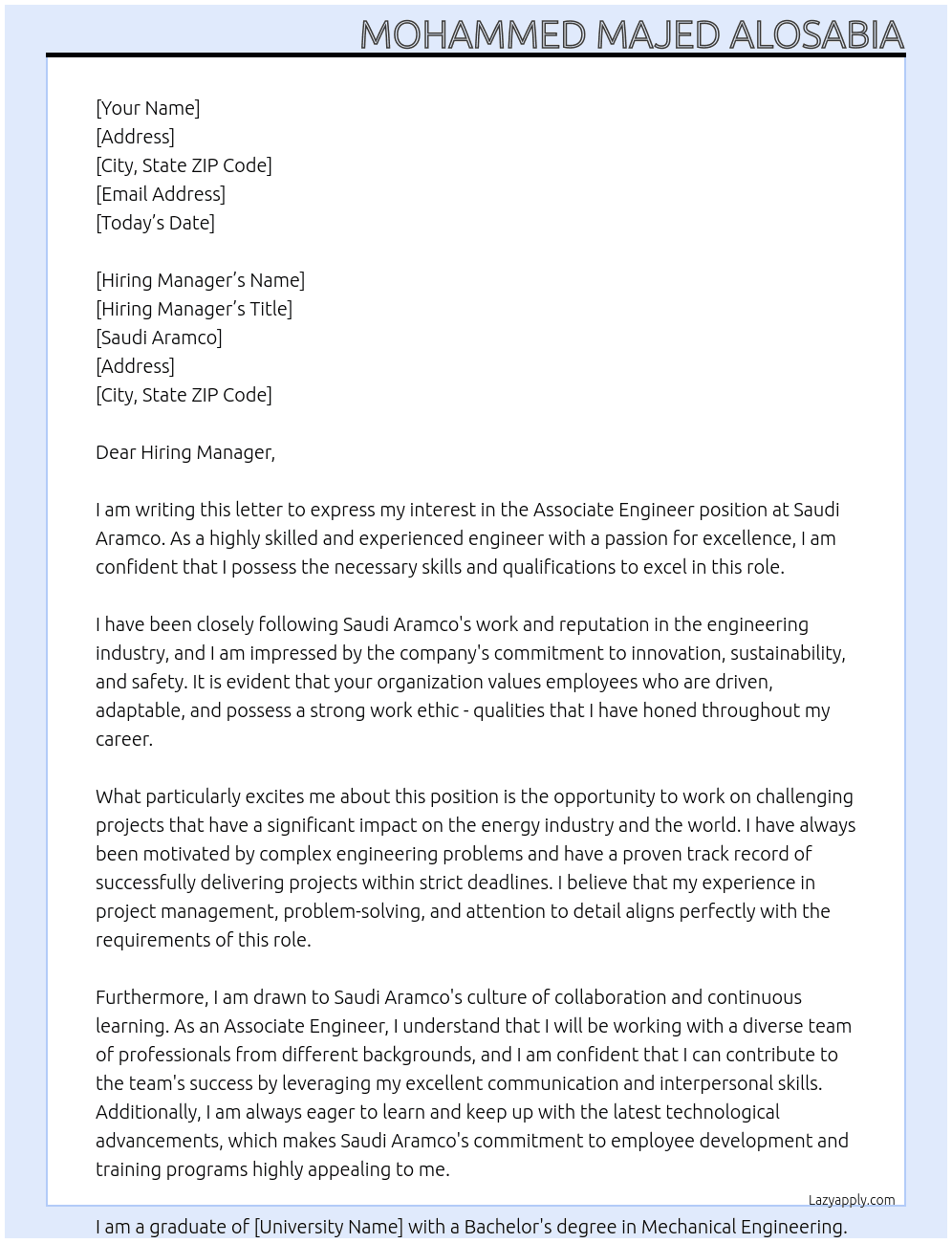 Associate engineer At Saudi Aramco Cover Letter