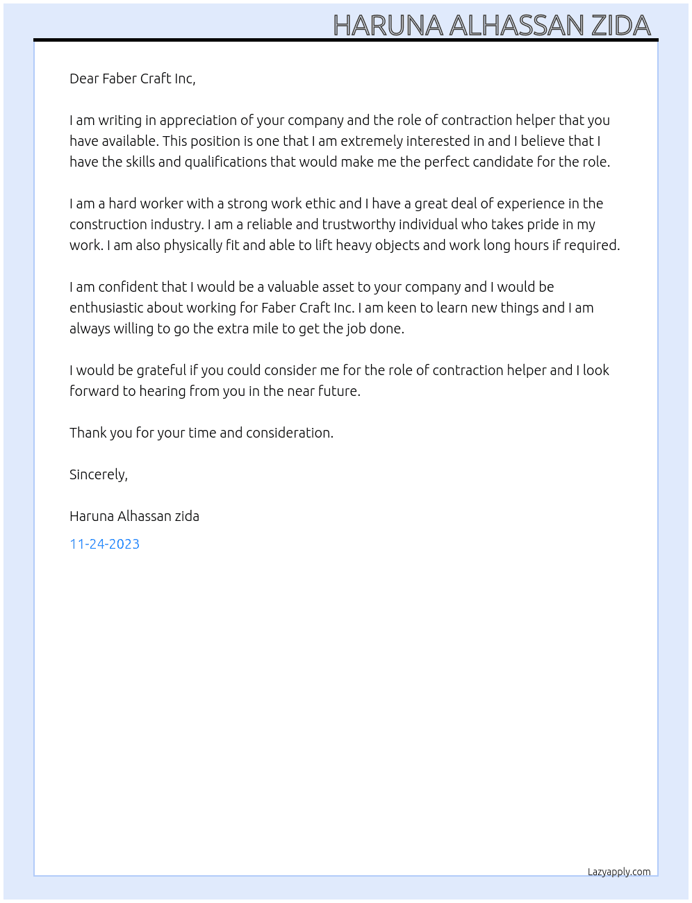 Contraction helper  At Faber Craft Inc Cover Letter
