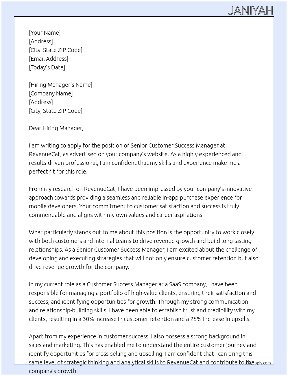 Senior Customer Success Manager At RevenueCat Cover Letter
