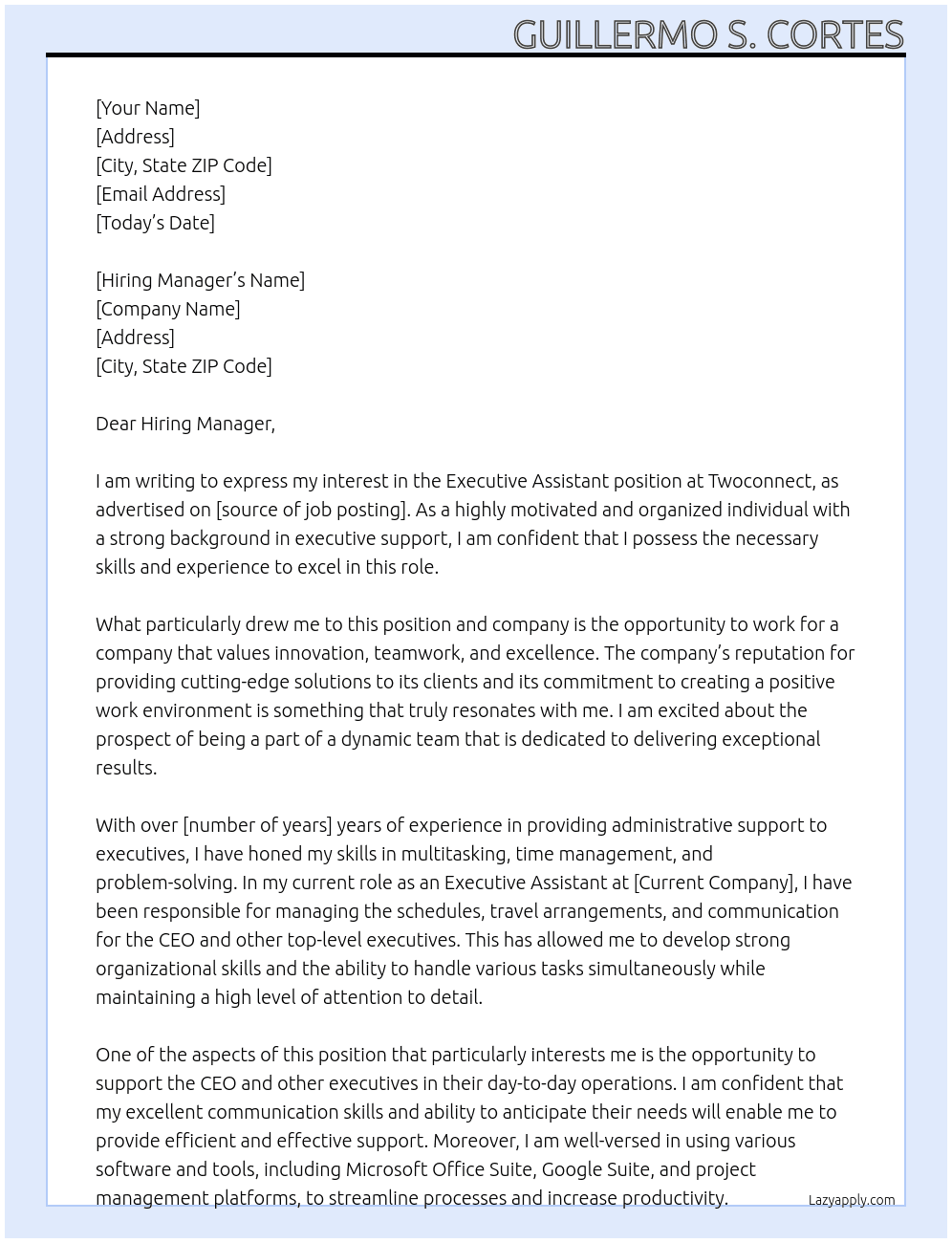 Executive Assitant At Twoconnect Cover Letter