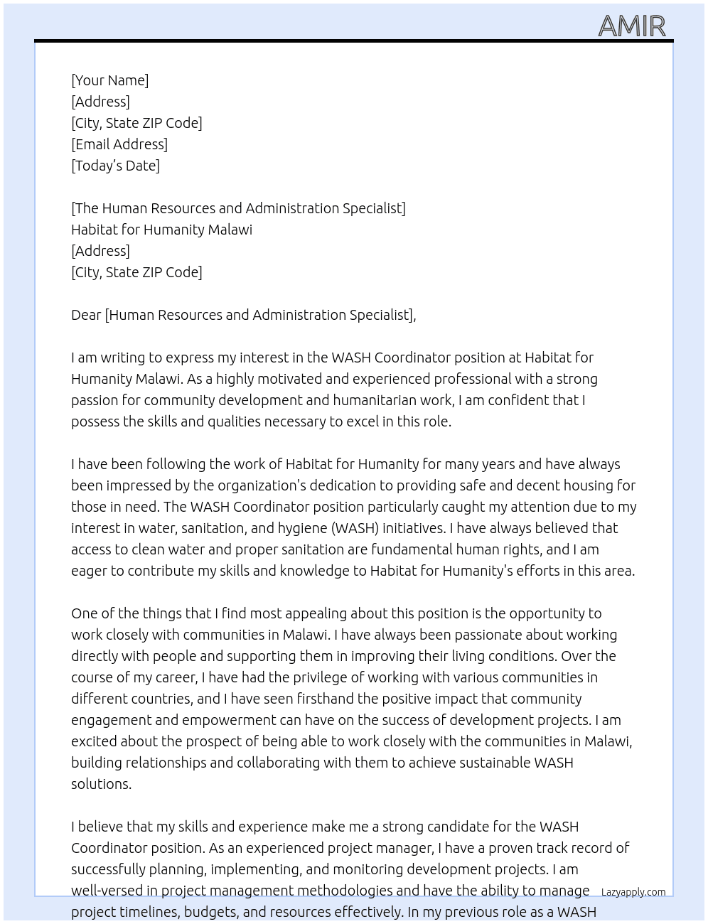 WASH COORDINATOR At Habitat for Humanity Malawi Cover Letter