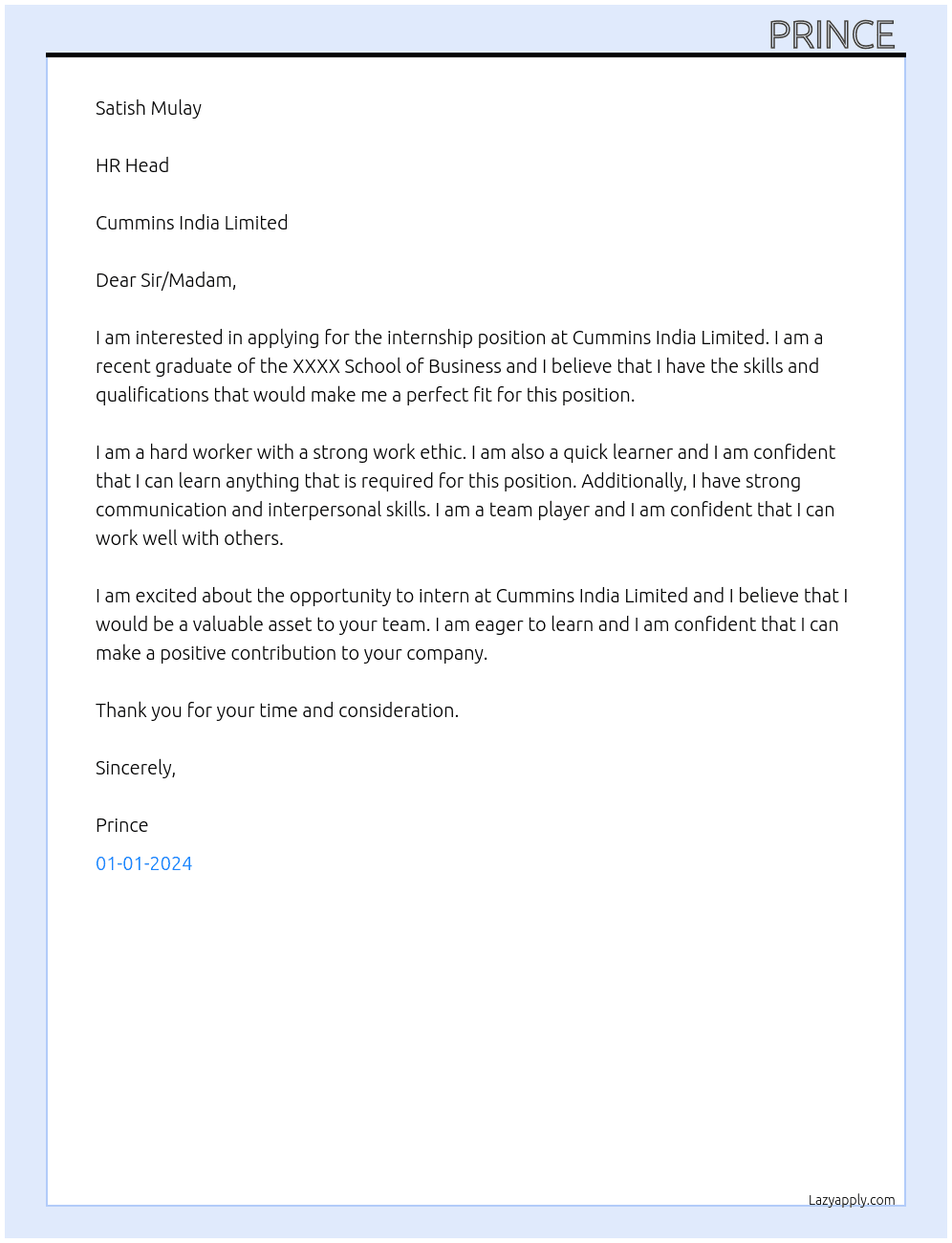 Cover letter for internships - LazyApply