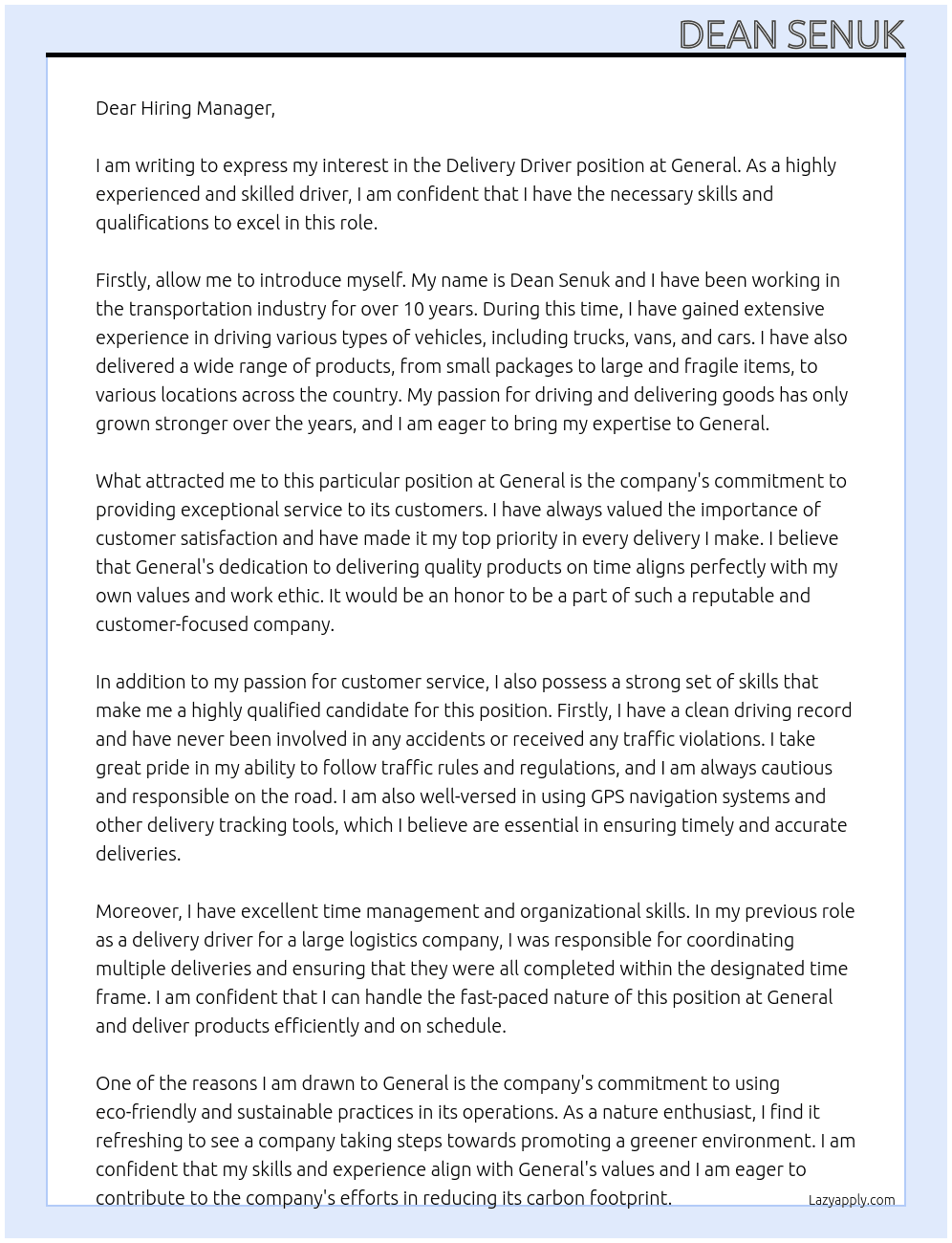Delivery driver At General Cover Letter